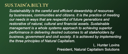 Sustainability is the careful and efficient stewardship of resources by businesses, communities and citizens. It is the practice of meeting our needs in ways that are respectful of future generations and restorative of natural, cultural and financial assets. Sustainable management is a whole systems approach to achieving superior performance in delivering desired outcomes to all stakeholders by business, government and civil society. It is achieved by implementing the three principles of Natural Capitalism.